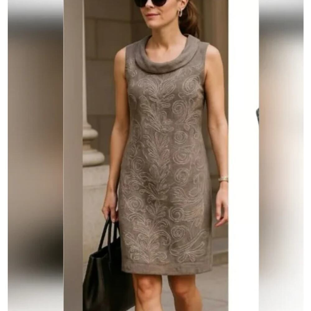 Lina Tomei Linen Dress Size L Gray Embroidered Boho Casual Lightweight Pockets